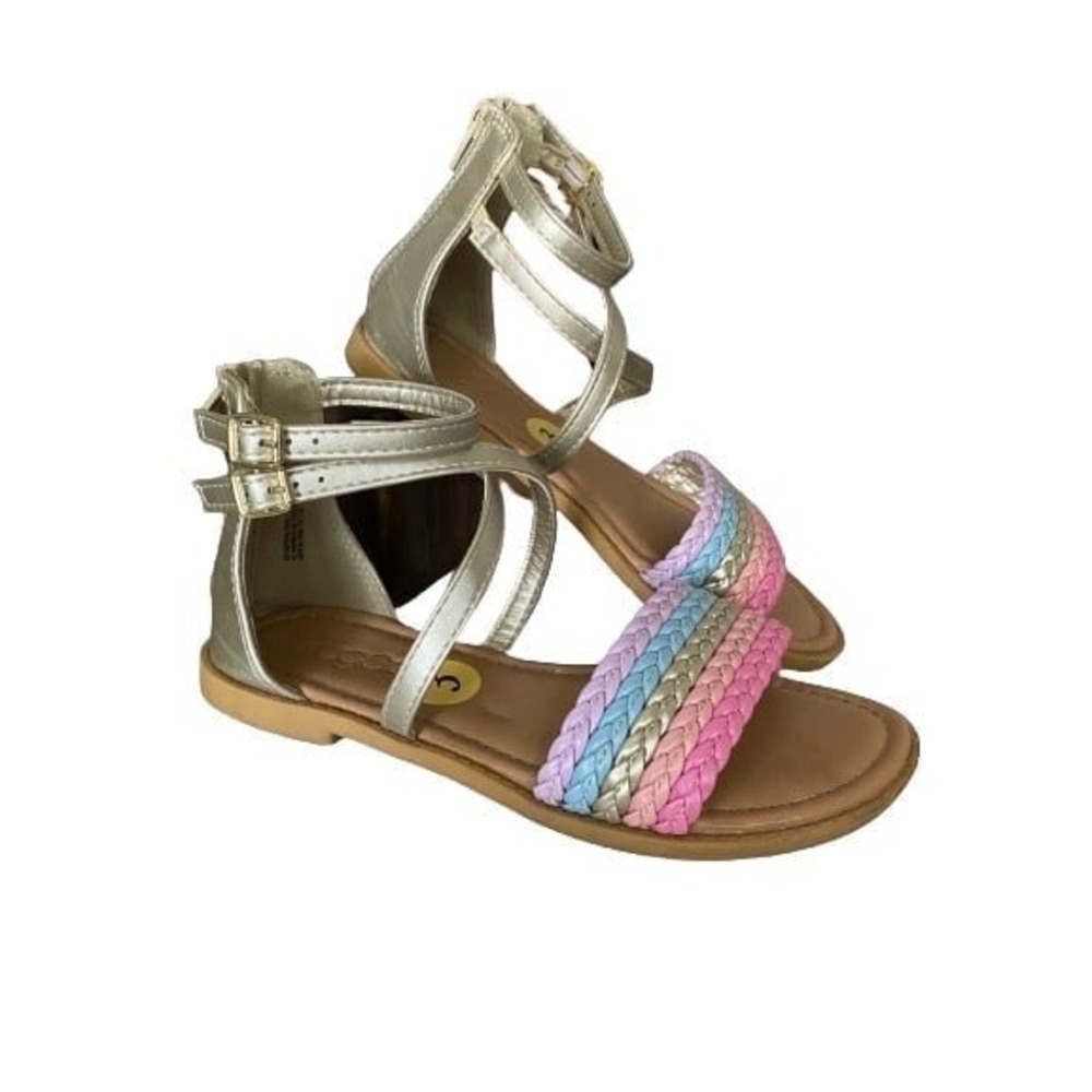 Sugar Girls Gladiator Sandals Gold Rainbow Braided Strappy Back Zip Size‎ 3